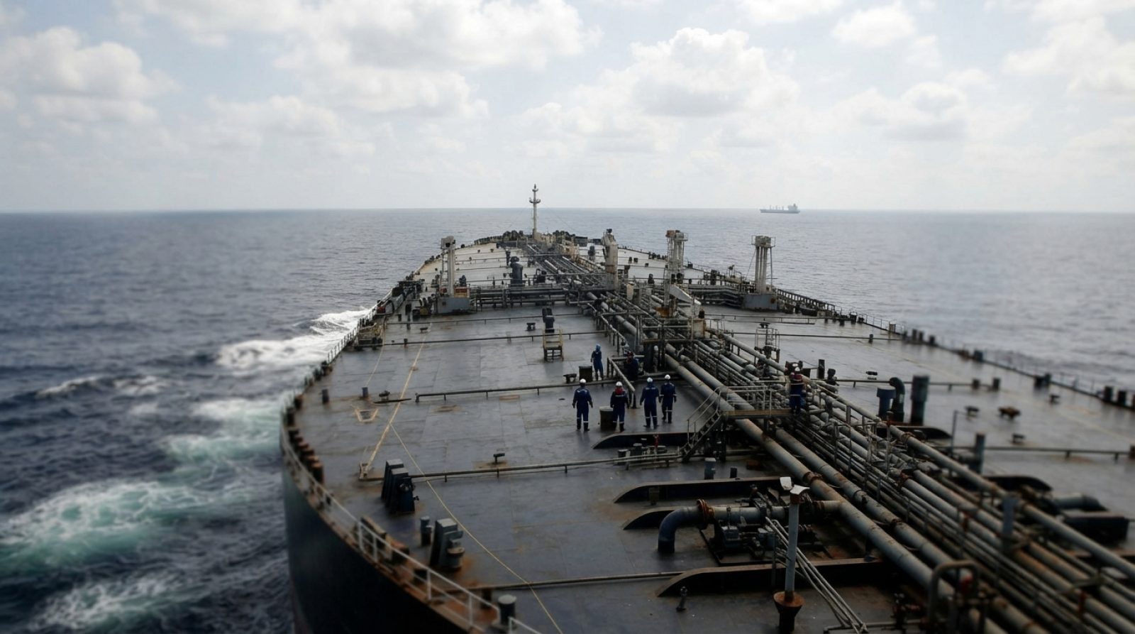Illustration: A massive crude oil supertanker sailing across open sea waters under a clear sky during daytime, with industrial deck piping and equipme