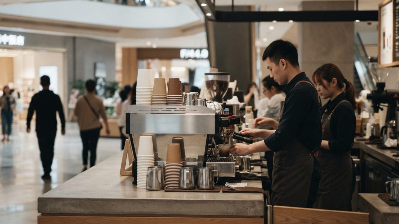 Illustration: A modern commercial cafe counter in a sleek Chinese city shopping center, featuring high-end espresso machinery, neatly arranged takeawa