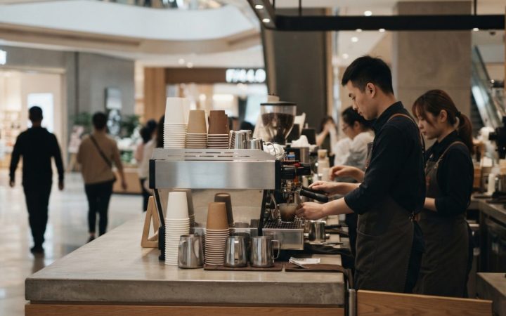Illustration: A modern commercial cafe counter in a sleek Chinese city shopping center, featuring high-end espresso machinery, neatly arranged takeawa