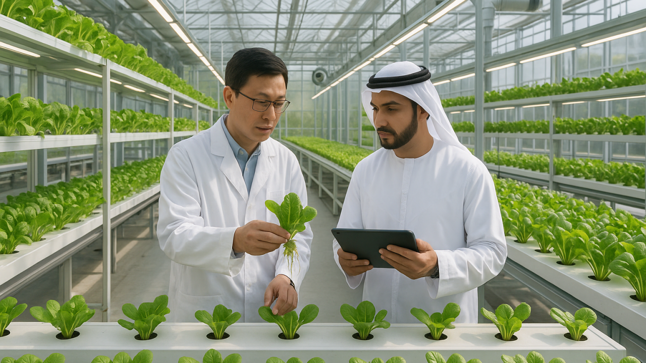 Emirati businessman and Chinese scientist inspecting hydroponic crops in a high-tech greenhouse