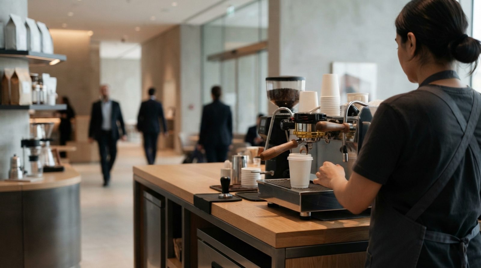 Illustration: Editorial photograph of a modern specialty coffee counter with an espresso machine brewing coffee into a paper takeaway cup, modern mini