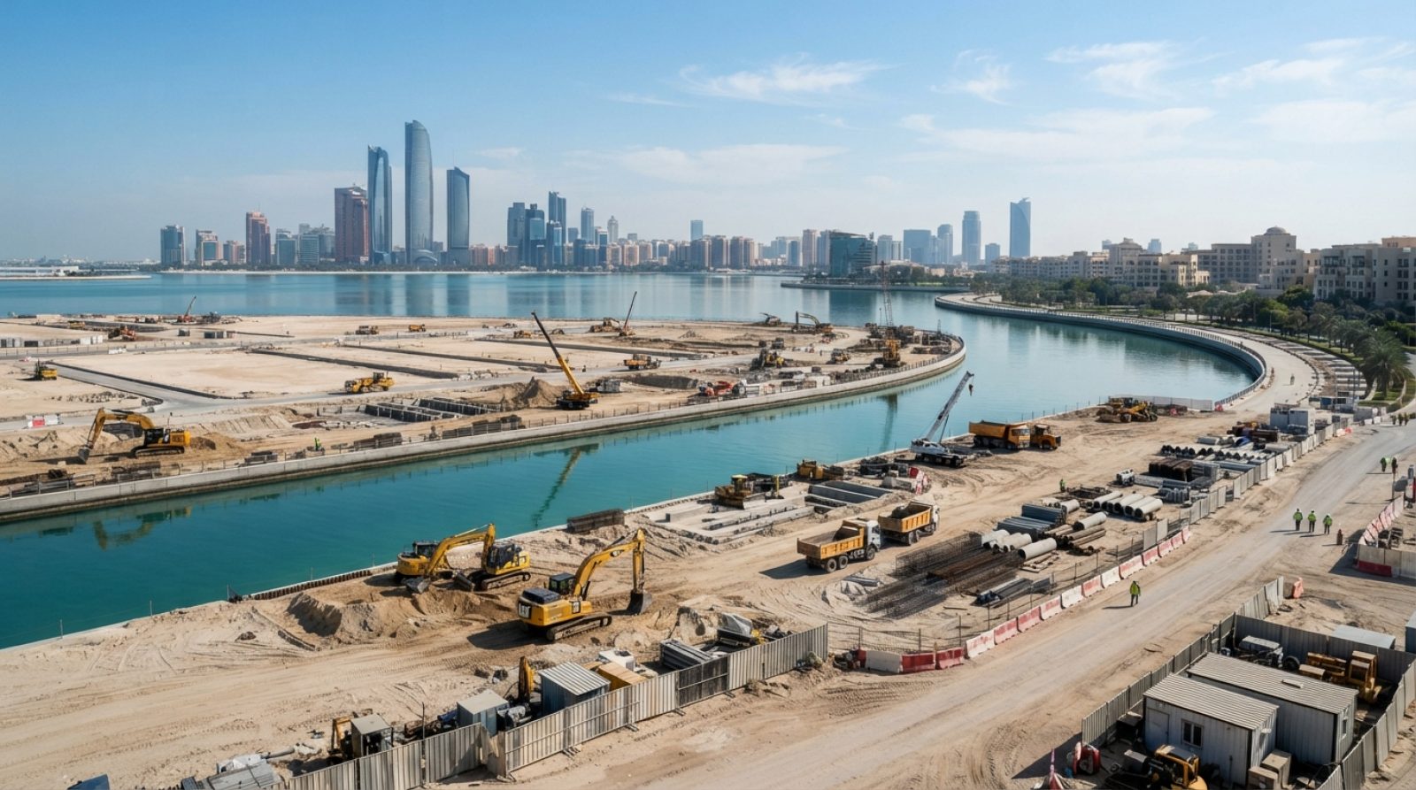 Illustration: A wide-angle editorial photograph of an expansive luxury waterfront construction site along a calm canal in Abu Dhabi under bright dayli