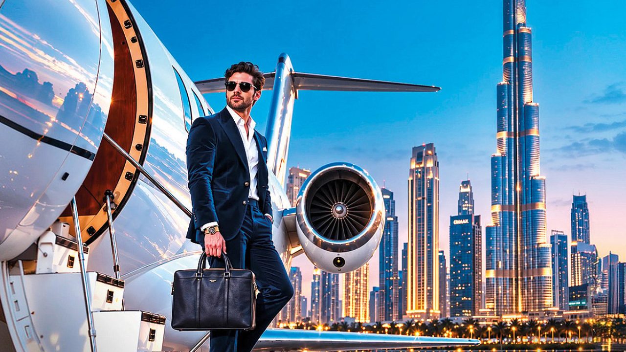 Businessman stepping off a private jet against the Dubai skyline and Burj Khalifa at twilight