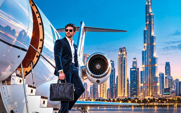 Businessman stepping off a private jet against the Dubai skyline and Burj Khalifa at twilight