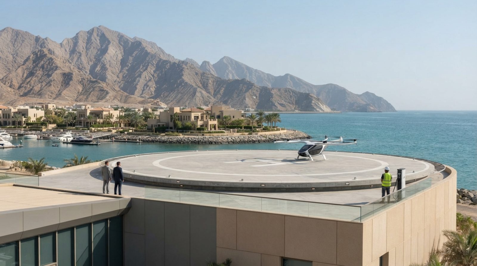 Illustration: A modern electric vertical takeoff and landing vertiport terminal pad situated near a coastal island resort development in the United Ar