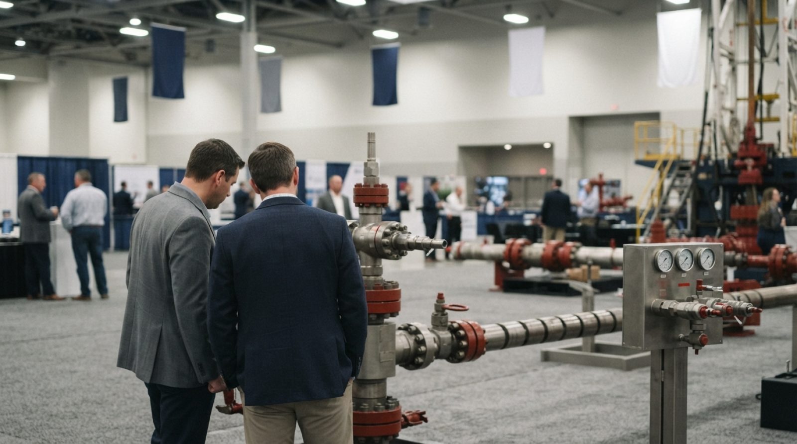 Illustration: Industrial drilling equipment and advanced oilfield pipeline components exhibited inside a spacious modern convention center hall, with