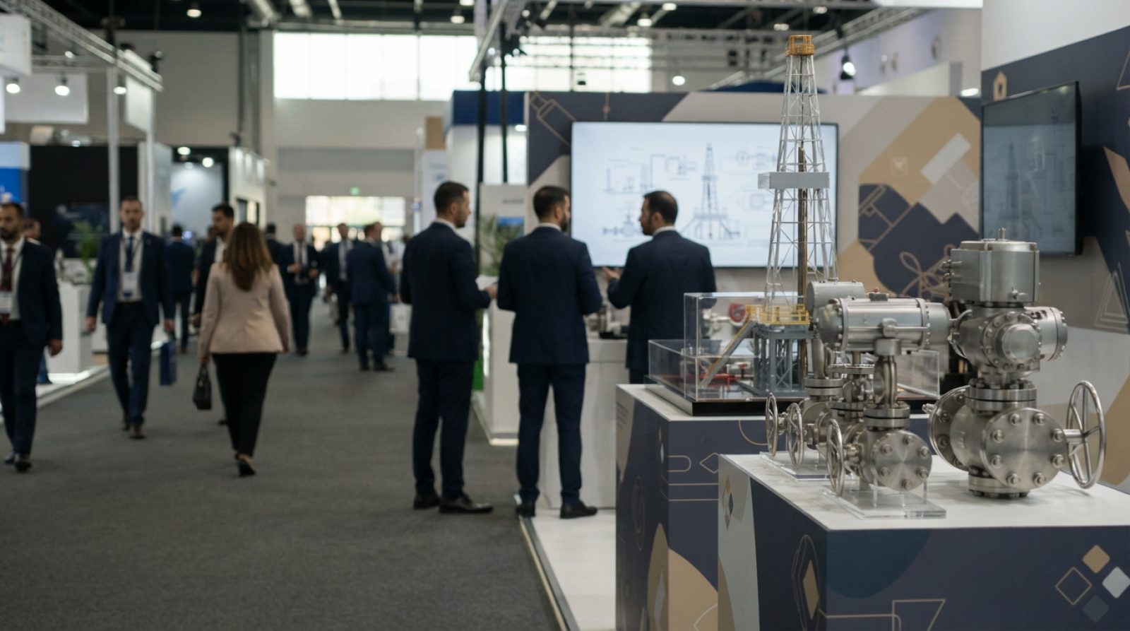 Illustration: Editorial photograph of a modern energy industry exhibition hall, featuring high-precision industrial valves, oilfield drilling hardware