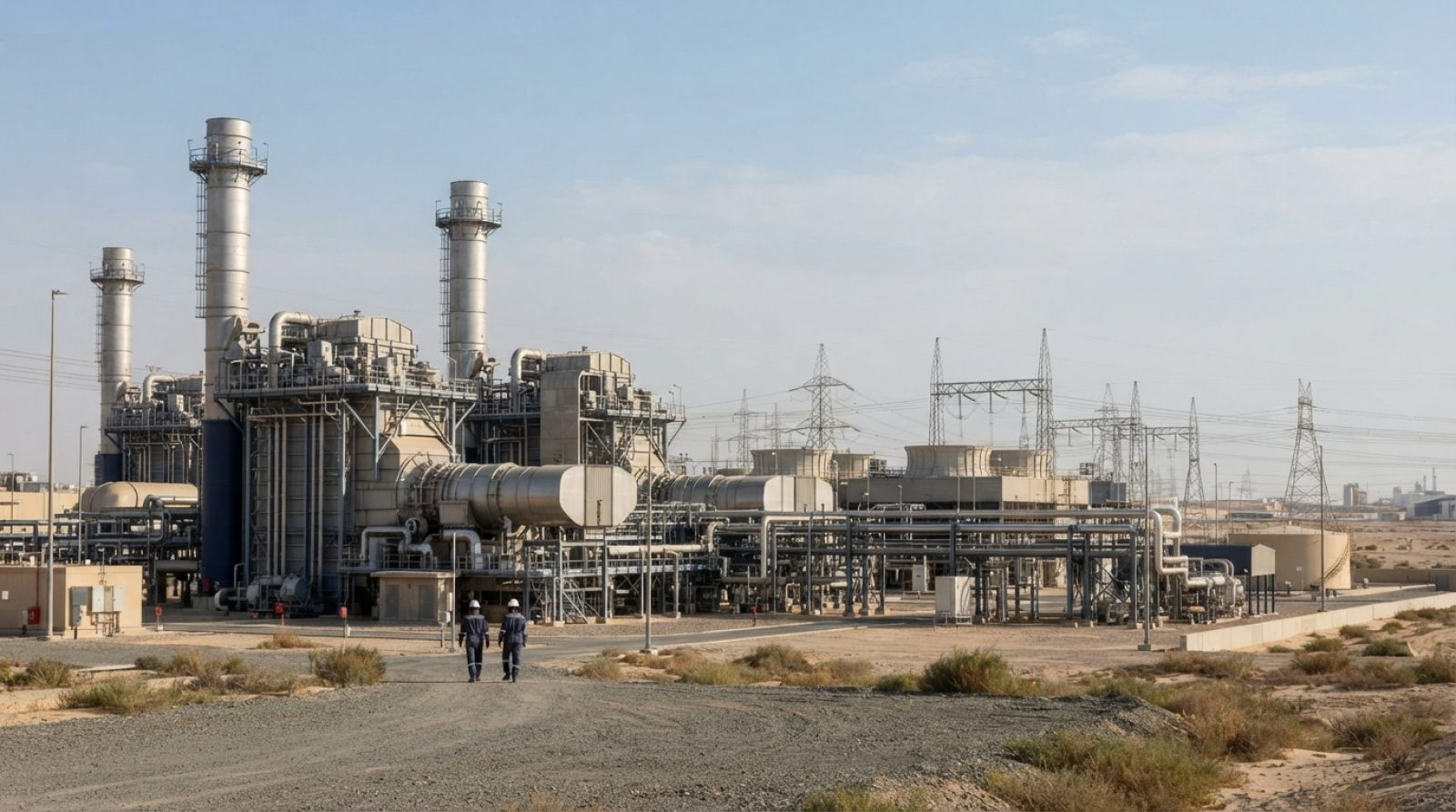 Illustration: Industrial editorial photograph of a modern natural gas combined-cycle power plant under clear daylight, showing metallic exhaust stacks