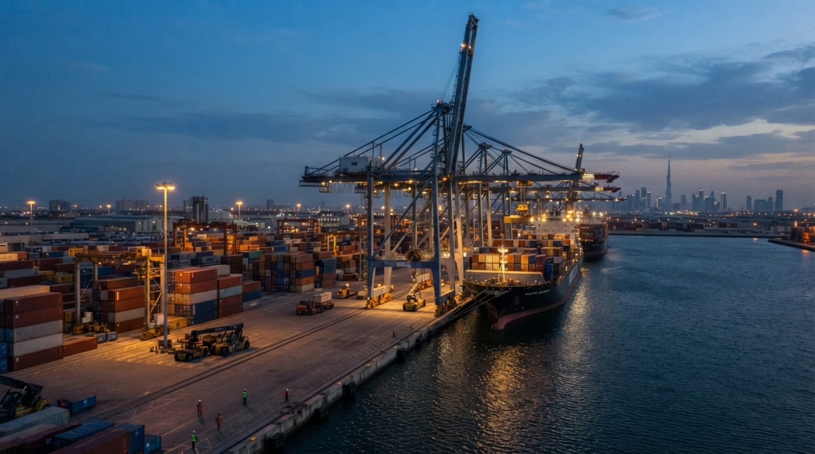 Illustration: A modern commercial maritime container terminal at a major Middle Eastern seaport during dusk, featuring large container cranes loading