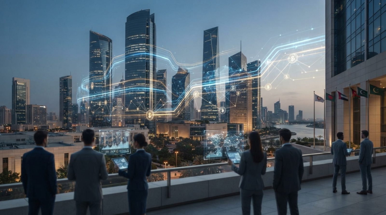 Illustration: Futuristic financial technology concept featuring glowing digital currency data streams and abstract financial transaction nodes connect