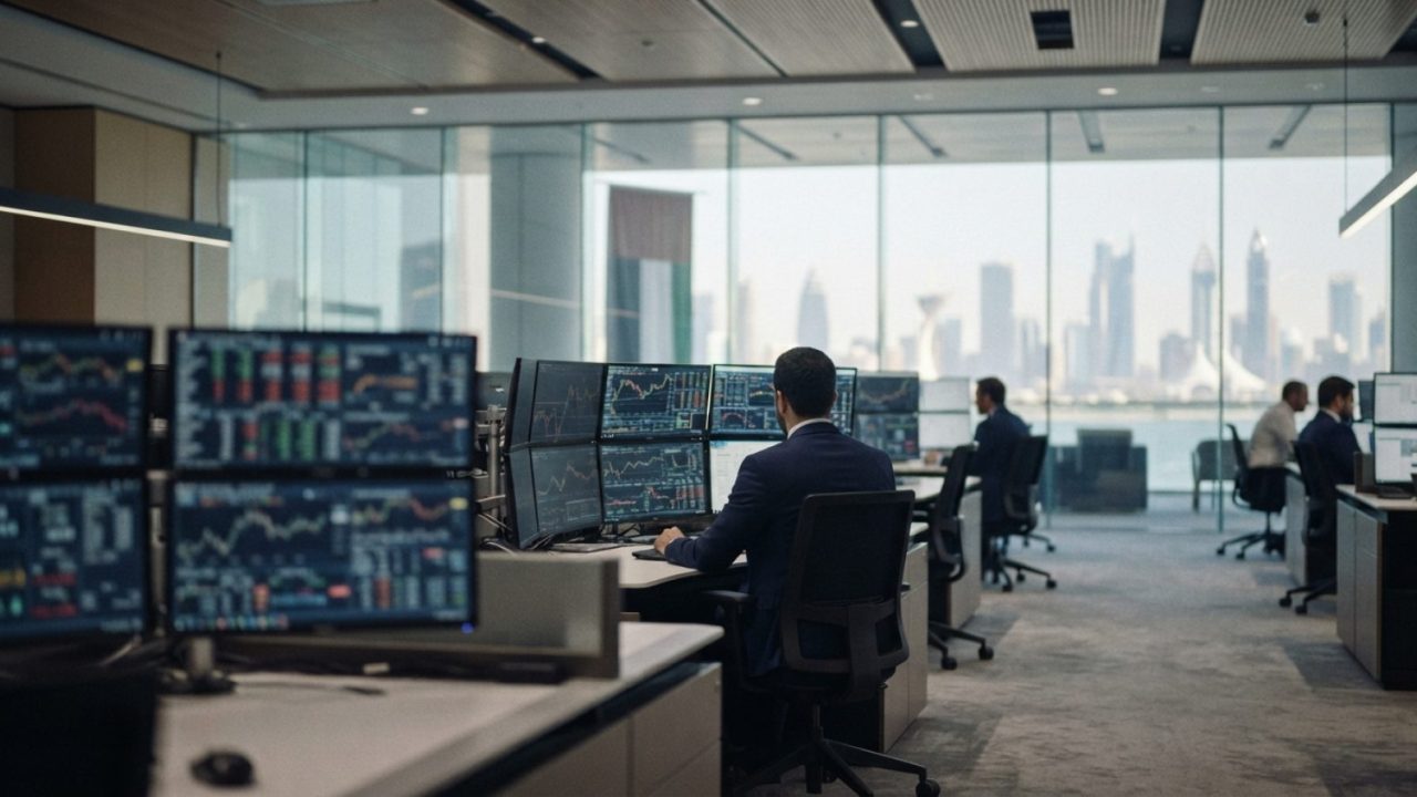Illustration: A modern central banking financial trading floor and digital payment screens displaying global financial data and charts, with blurred b