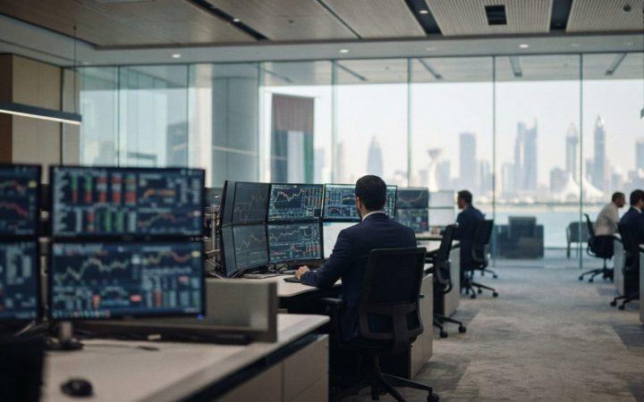 Illustration: A modern central banking financial trading floor and digital payment screens displaying global financial data and charts, with blurred b