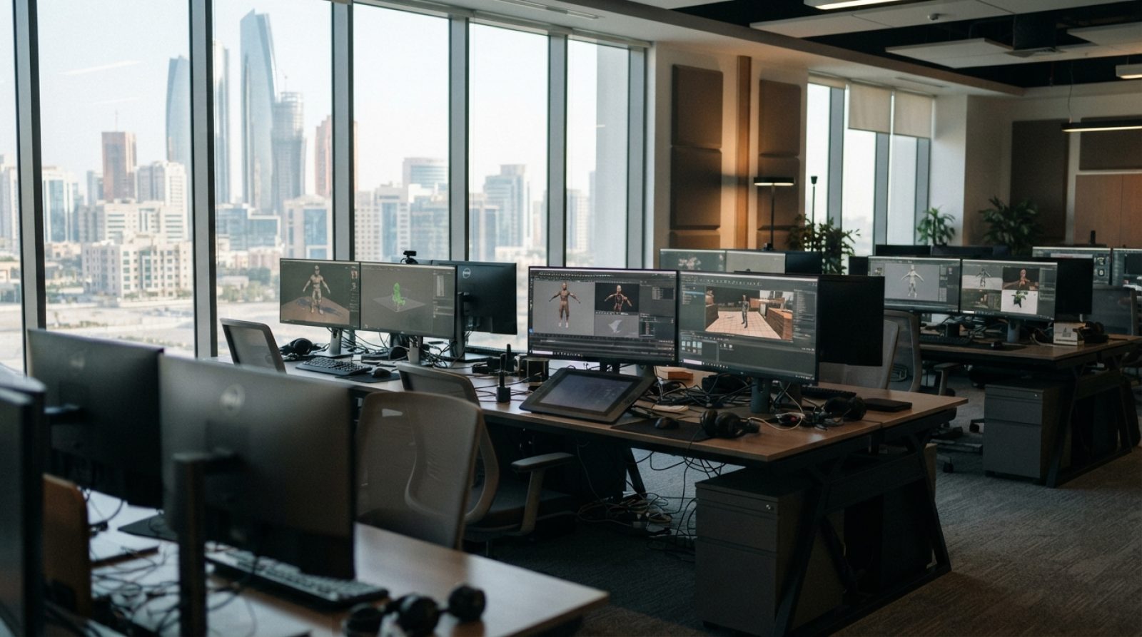 Illustration: A modern digital entertainment and software development studio interior with illuminated monitors displaying 3D game models, large floor