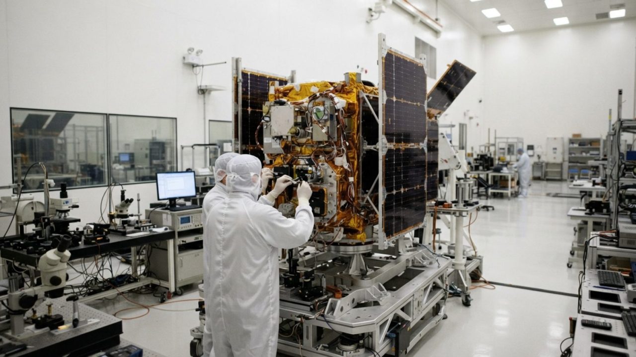 Illustration: Clean room satellite assembly laboratory with high-tech testing equipment, solar panel components, and optical instruments under bright