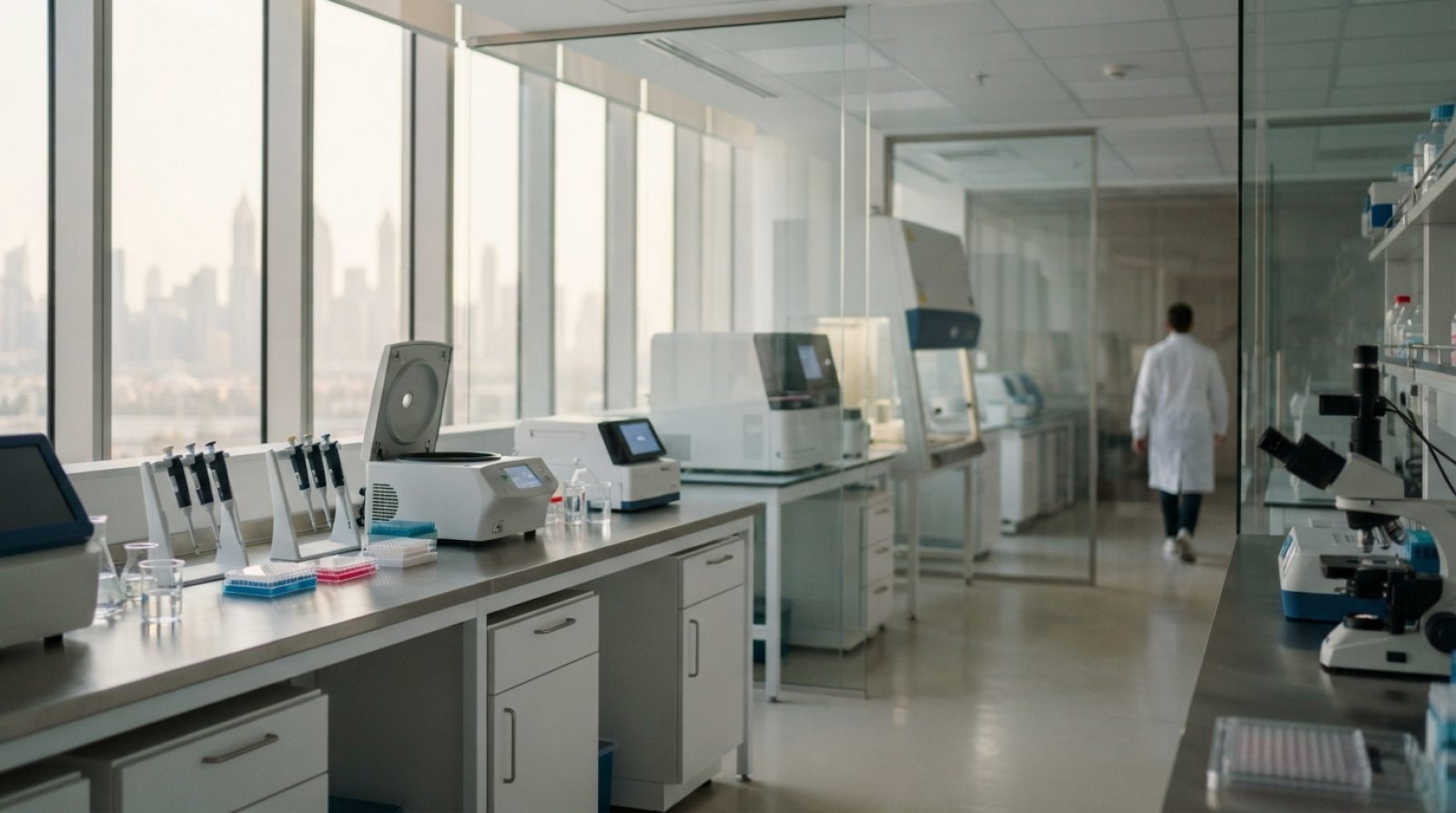Illustration: A modern, pristine biomedical and life sciences research laboratory interior in Dubai, featuring state-of-the-art diagnostic equipment,