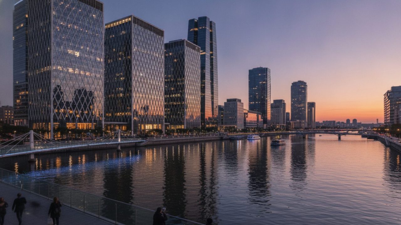 Illustration: Editorial photograph showing modern illuminated high-rise commercial banking towers along a financial district waterfront at dusk, with