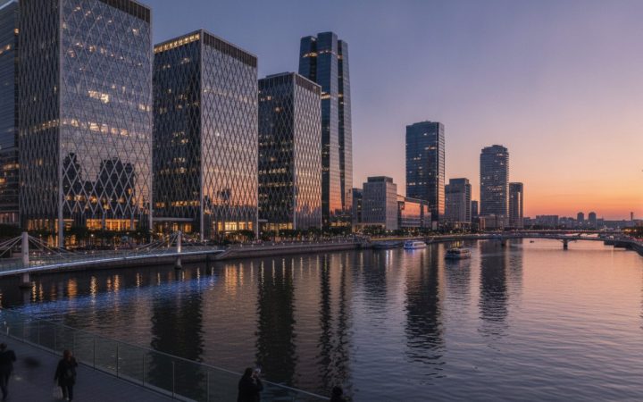 Illustration: Editorial photograph showing modern illuminated high-rise commercial banking towers along a financial district waterfront at dusk, with