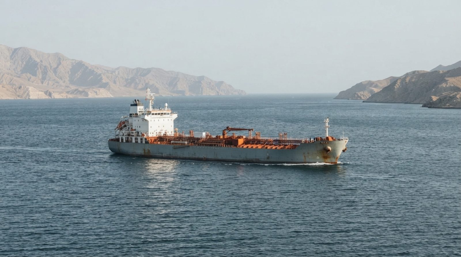 Illustration: A commercial chemical tanker ship navigating open ocean waters through a narrow coastal strait under clear daytime lighting, with distan