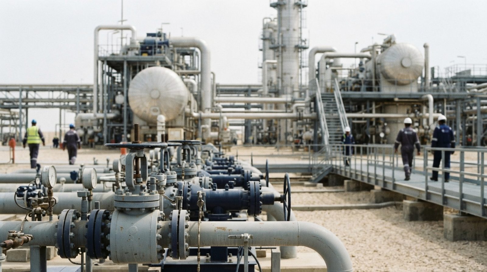 Illustration: Industrial oil and gas processing machinery and specialized high-pressure pipeline valves at an energy engineering facility under neutra