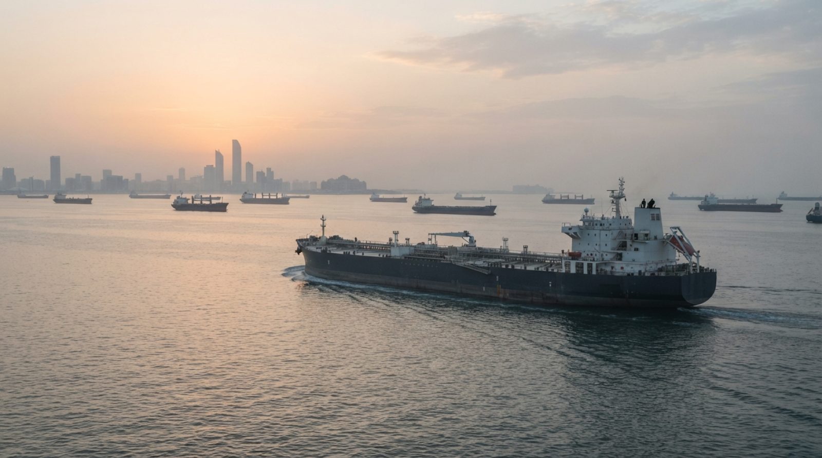 Illustration: A commercial oil tanker sailing across calm open waters near a coastal bunkering anchorage at dawn, with distant cargo ships lined along