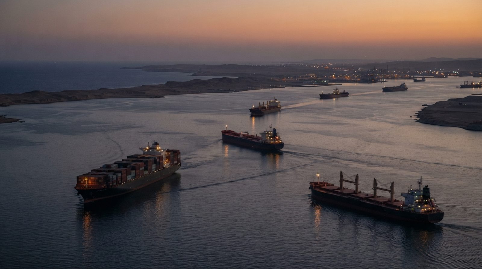 Illustration: Editorial documentary photograph of commercial cargo vessels and oil tankers navigating near a strategic maritime shipping strait at dus