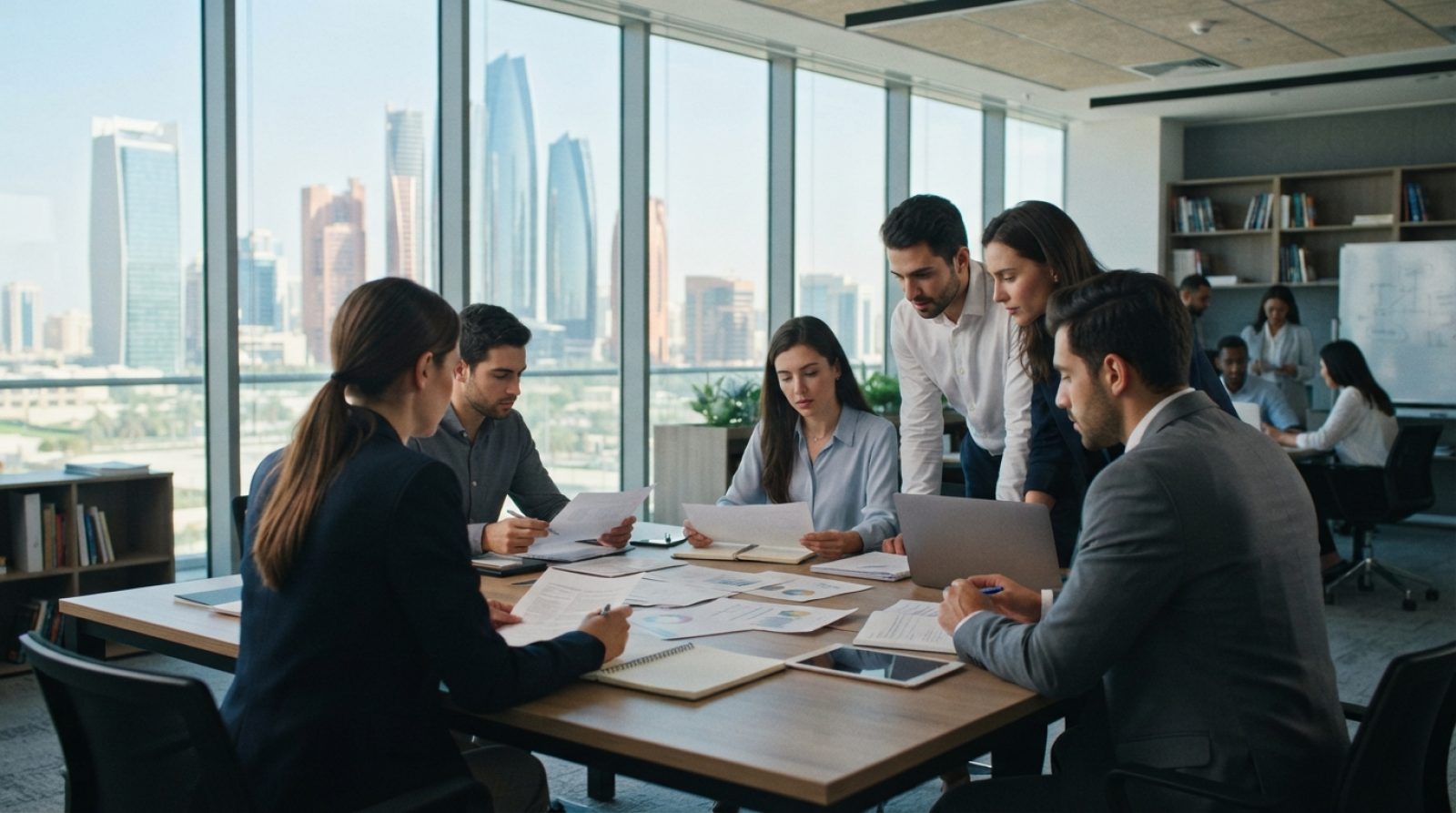 Illustration: A modern corporate classroom setting in Abu Dhabi featuring professional young adults and senior mentors collaborating over research mat