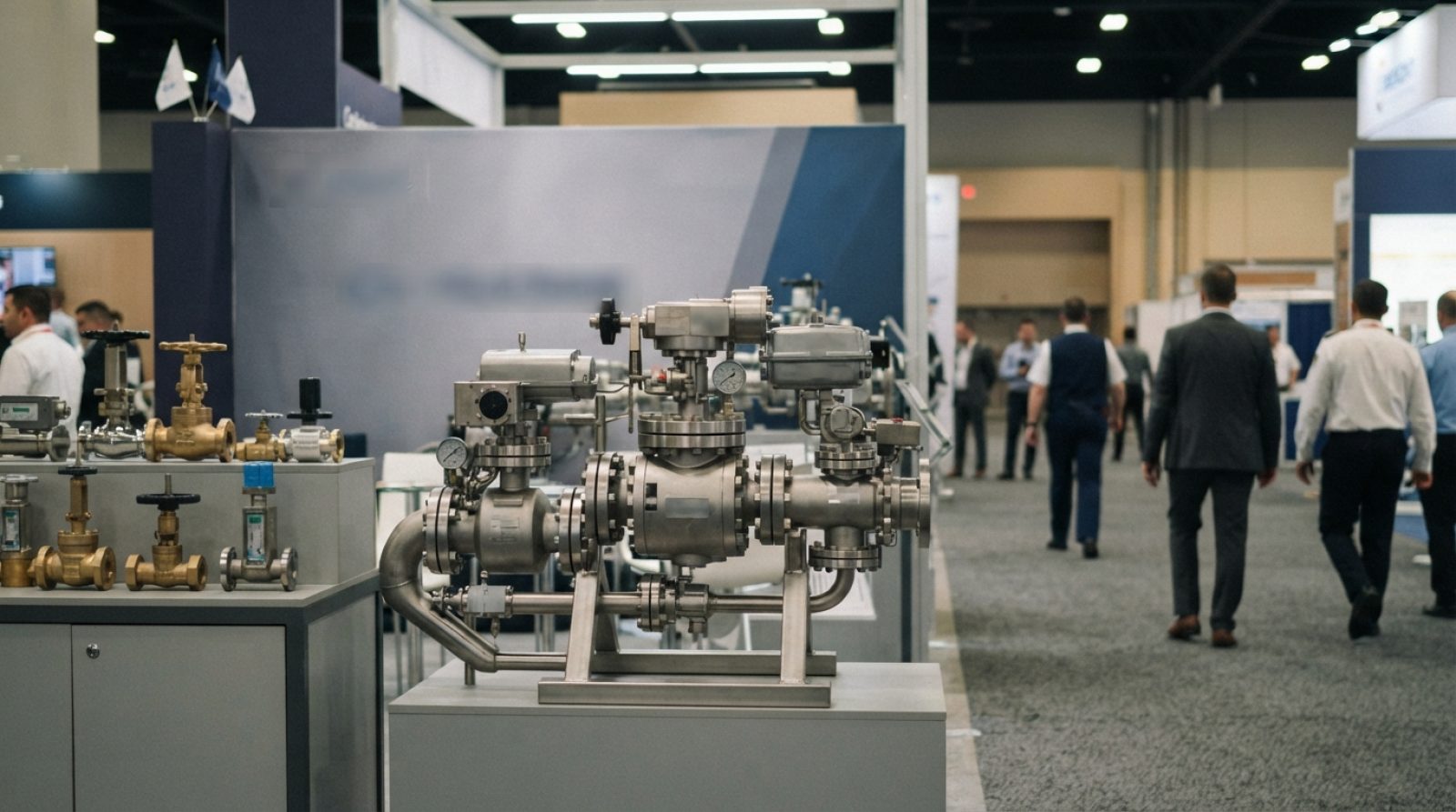 Illustration: Industrial oil and gas specialized equipment and technical valves on display inside a modern convention exhibition hall, engineering exh