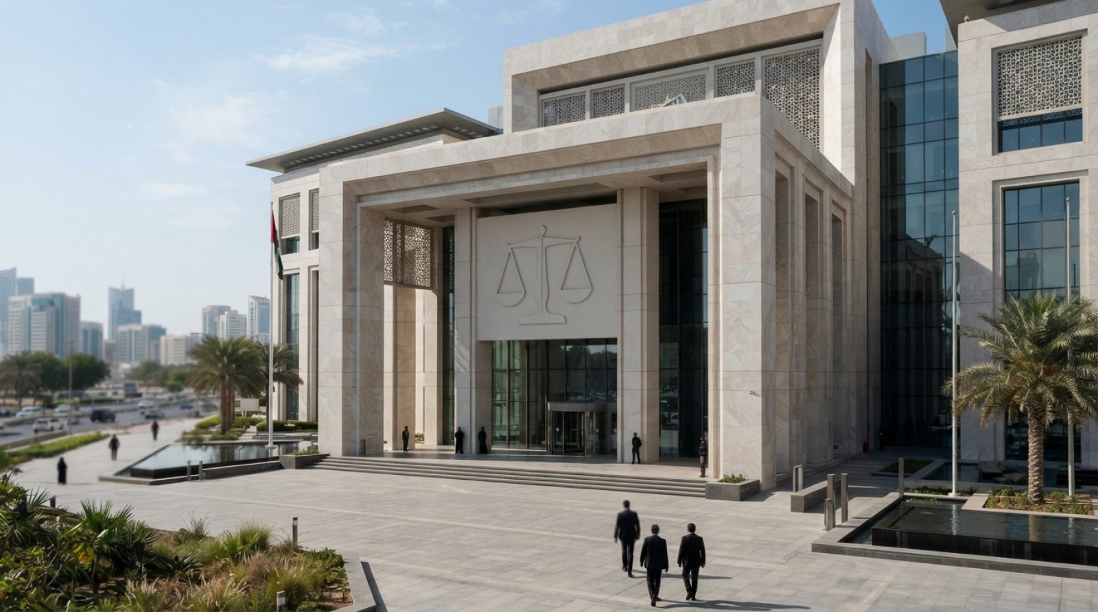 Illustration: Editorial news photo of a modern courthouse and ministry of justice entrance in Abu Dhabi under daylight, featuring contemporary marble