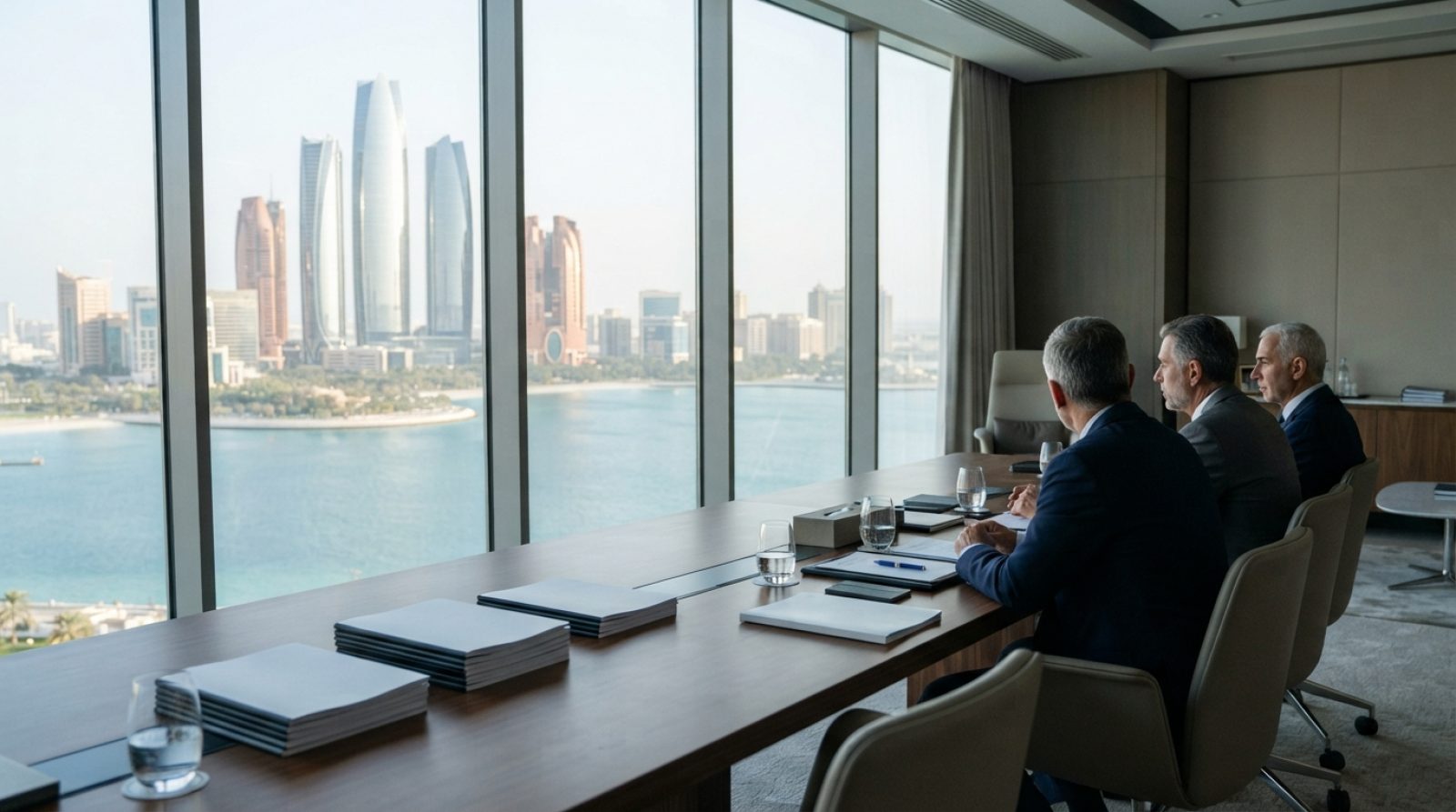 Illustration: A modern corporate meeting room overlooking the Abu Dhabi skyline through floor-to-ceiling windows, showing a polished wooden table with