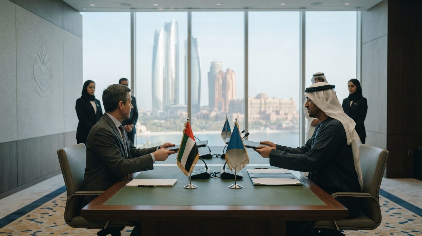 Illustration: A modern bilateral conference signing room in Abu Dhabi with official state furniture, bilateral protocol setting, and view of the Abu D