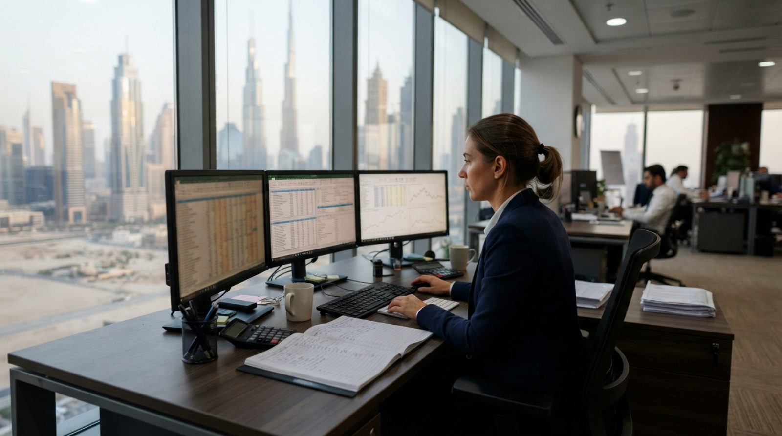 Illustration: A modern corporate accounting office in Dubai featuring an accountant reviewing financial ledgers and spreadsheets on multiple monitors,
