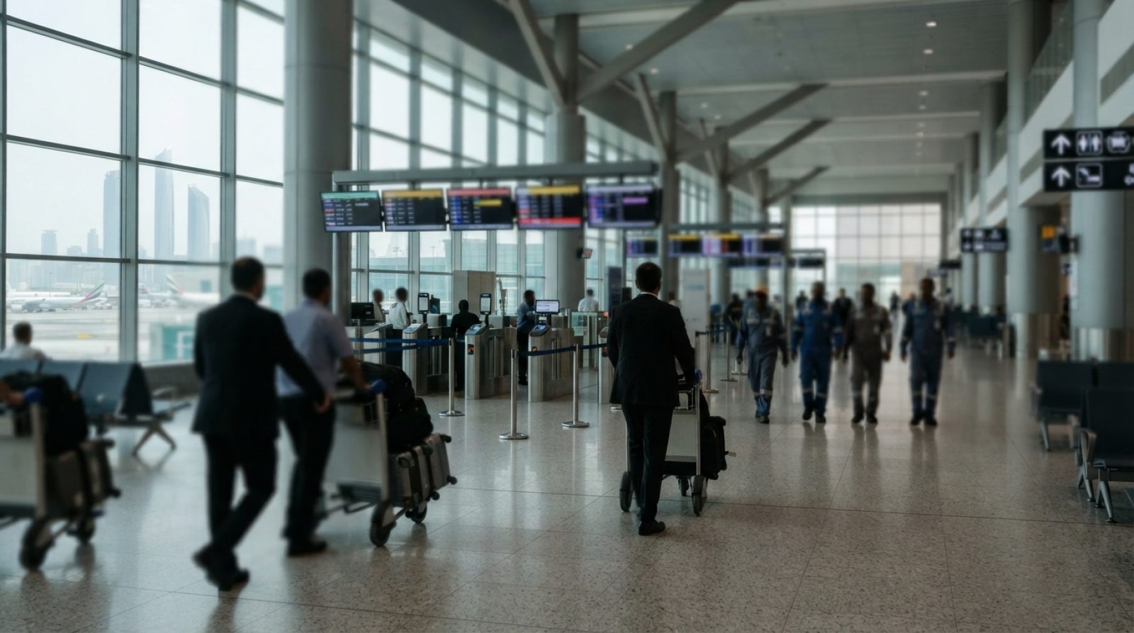 Illustration: An international airport terminal departure hall with digital visa and boarding information monitors, luggage trolleys, and transit gate