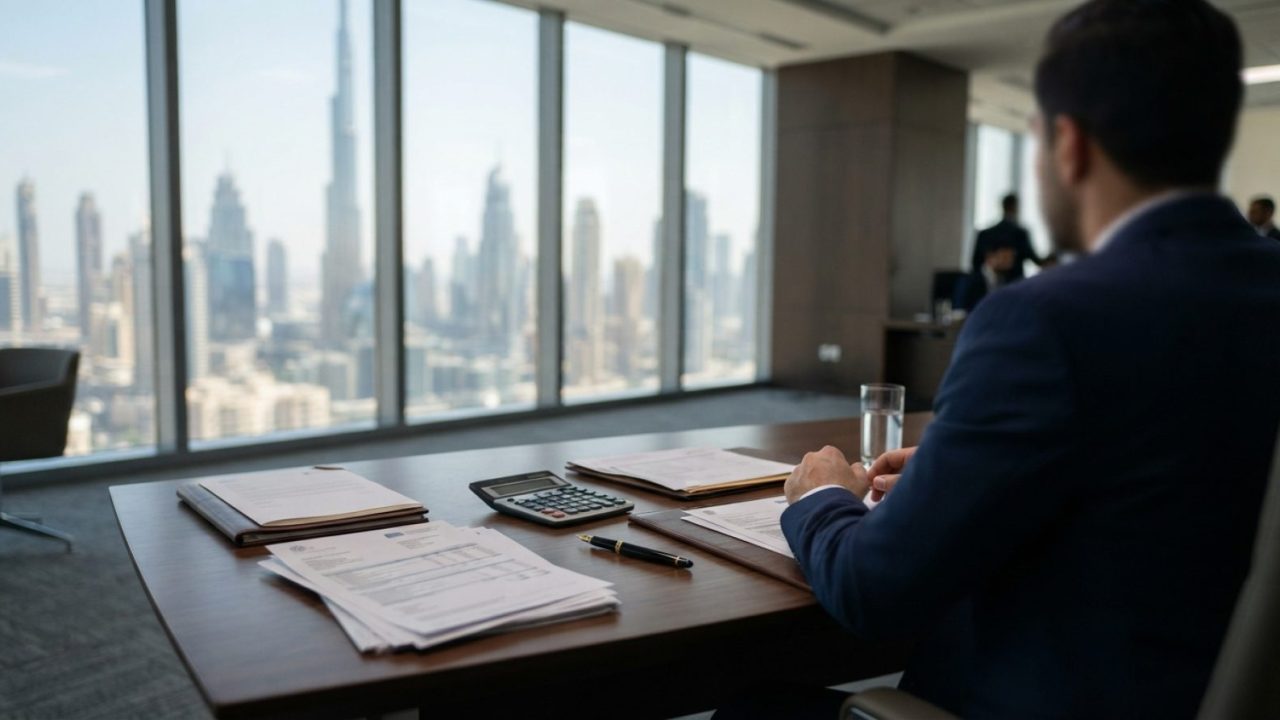 Illustration: A modern corporate office desk in Dubai with financial tax documents, a calculator, and architectural glass windows showing the skyline