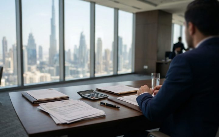 Illustration: A modern corporate office desk in Dubai with financial tax documents, a calculator, and architectural glass windows showing the skyline
