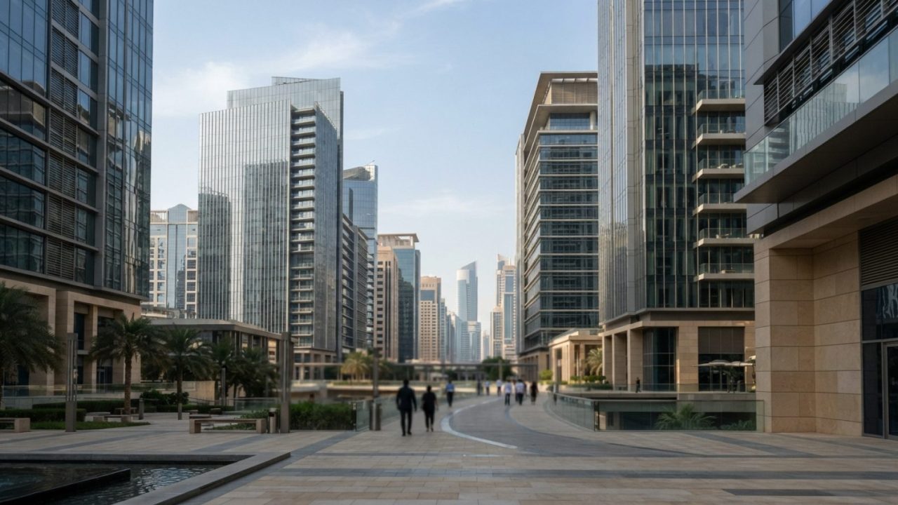 Illustration: A modern financial district in Dubai or Abu Dhabi with sleek glass office towers, modern architectural details, and bright daylight refl