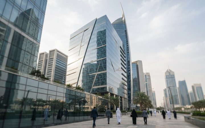 صورة توضيحية: مبنى مكاتب حديث ولامع في الحي المالي بأبوظبي يُرى من مستوى الشارع في ضوء النهار، بواجهة زجاجية عاكسة