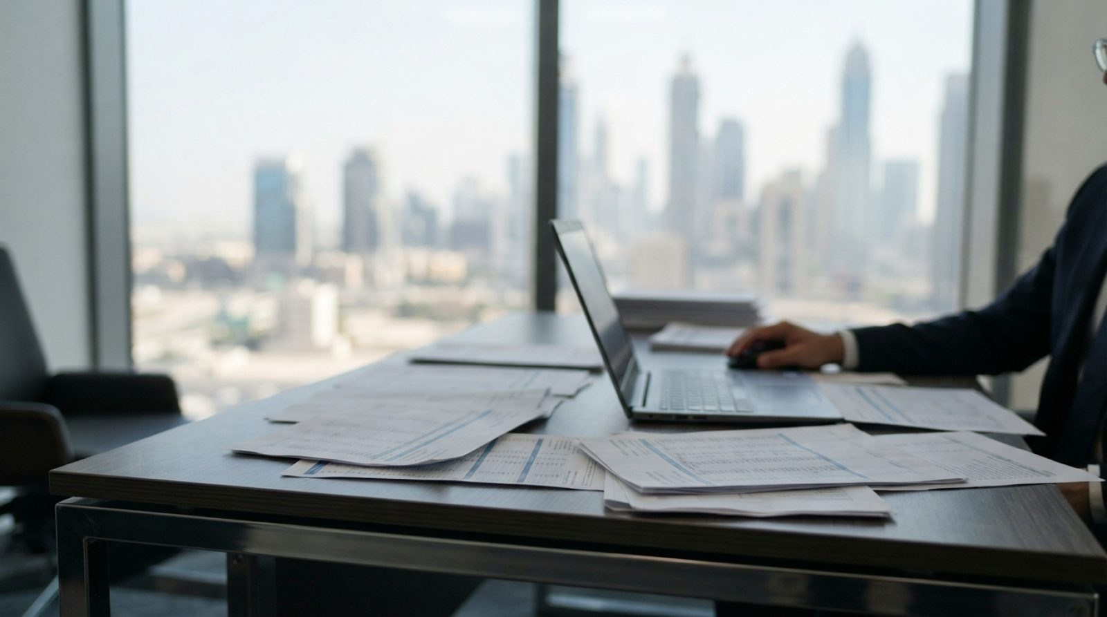 Illustration: A modern corporate office desk in Dubai with financial balance sheets, tax calculation forms, and a laptop against a blurred view of hig