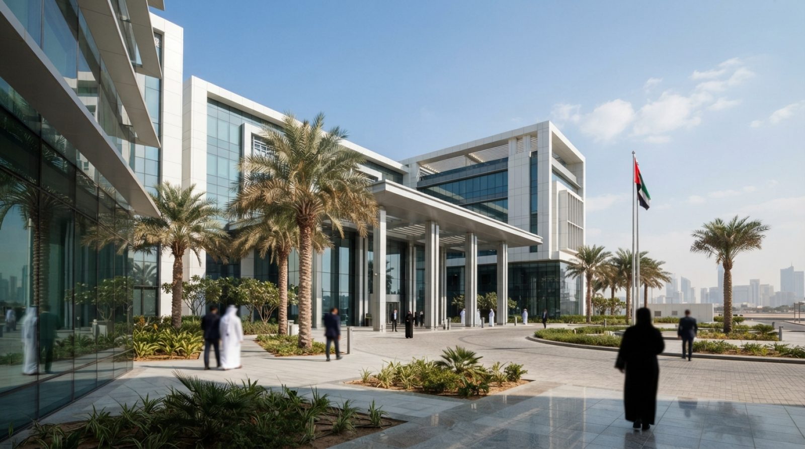 Illustration: Editorial photograph of the exterior of an immigration and residency services building in Dubai or Abu Dhabi, with palm trees and modern