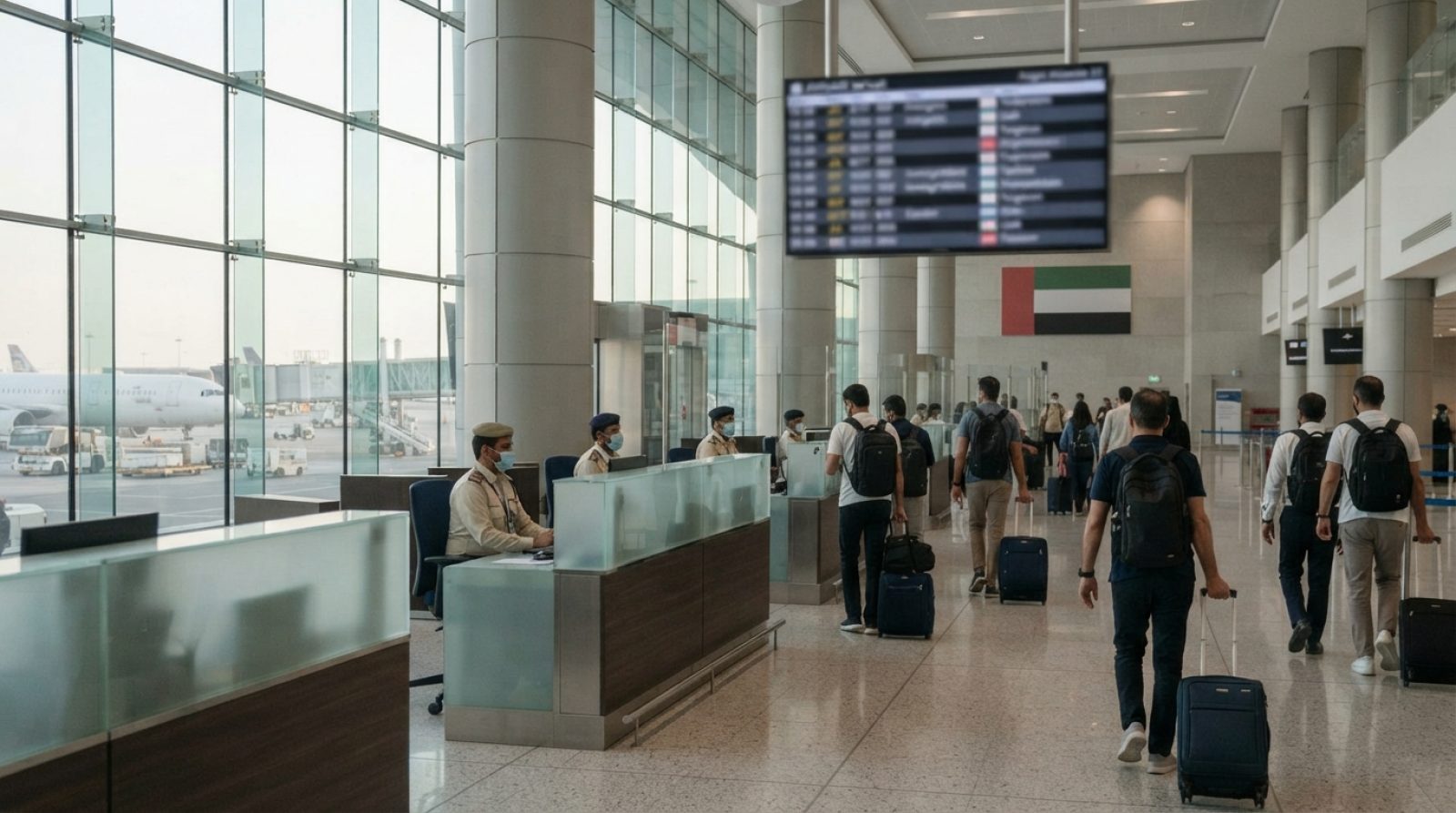 Illustration: A realistic editorial photograph of a modern UAE immigration service center and international airport arrivals concourse, featuring clea