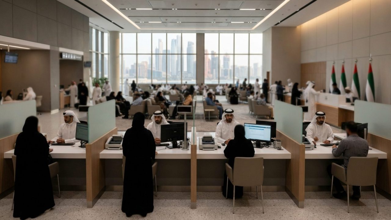Illustration: A modern immigration and visa service customer hall in the United Arab Emirates with service counters, glass partitions, and clean minim