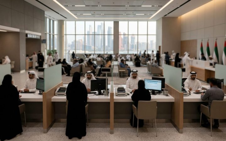 Illustration: A modern immigration and visa service customer hall in the United Arab Emirates with service counters, glass partitions, and clean minim