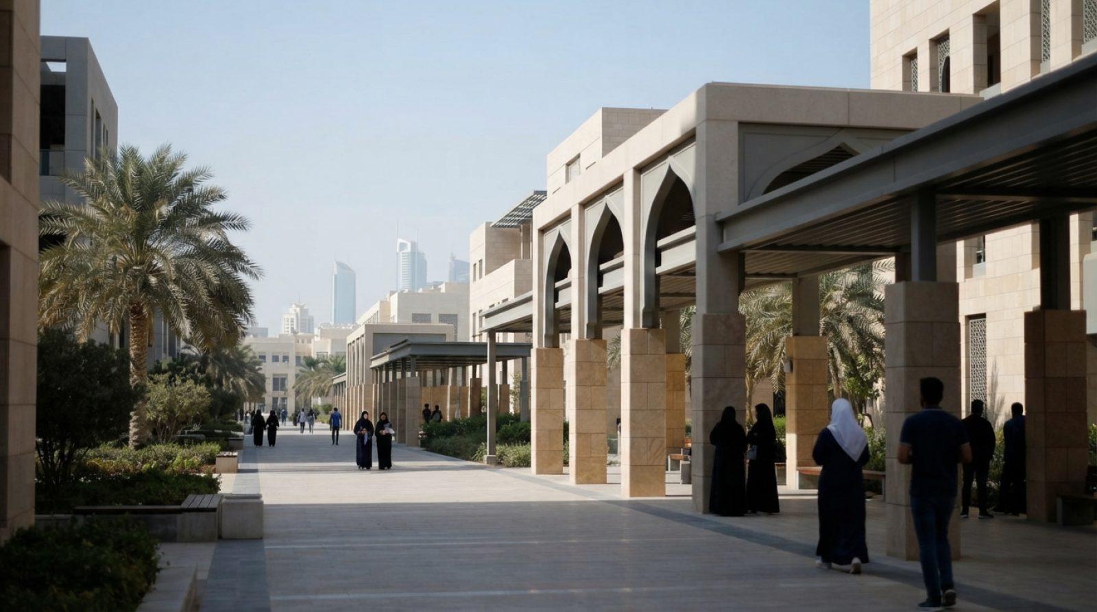 Illustration: A modern university campus courtyard in the United Arab Emirates, featuring clean contemporary architecture, shaded colonnades, palm tre