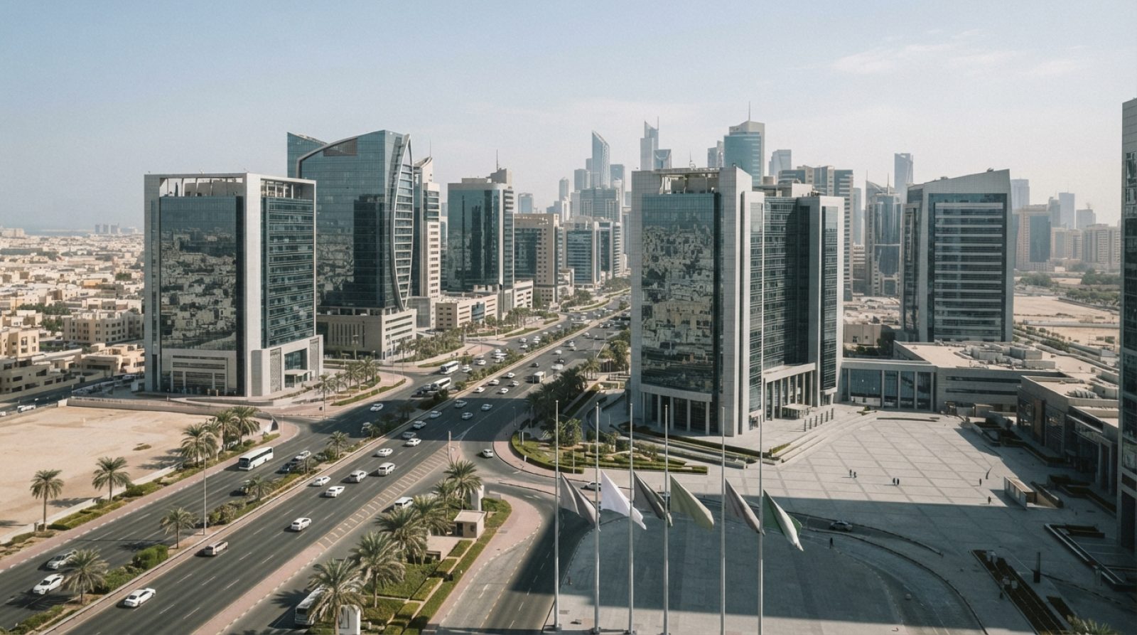 Illustration: A high-angle realistic editorial photograph of modern high-rise office towers and multilane highways in a modern Middle Eastern business