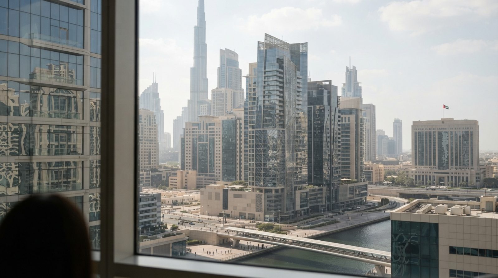 Illustration: A modern cityscape view of high-rise commercial banking and financial headquarters in Dubai under daylight, featuring architectural glas