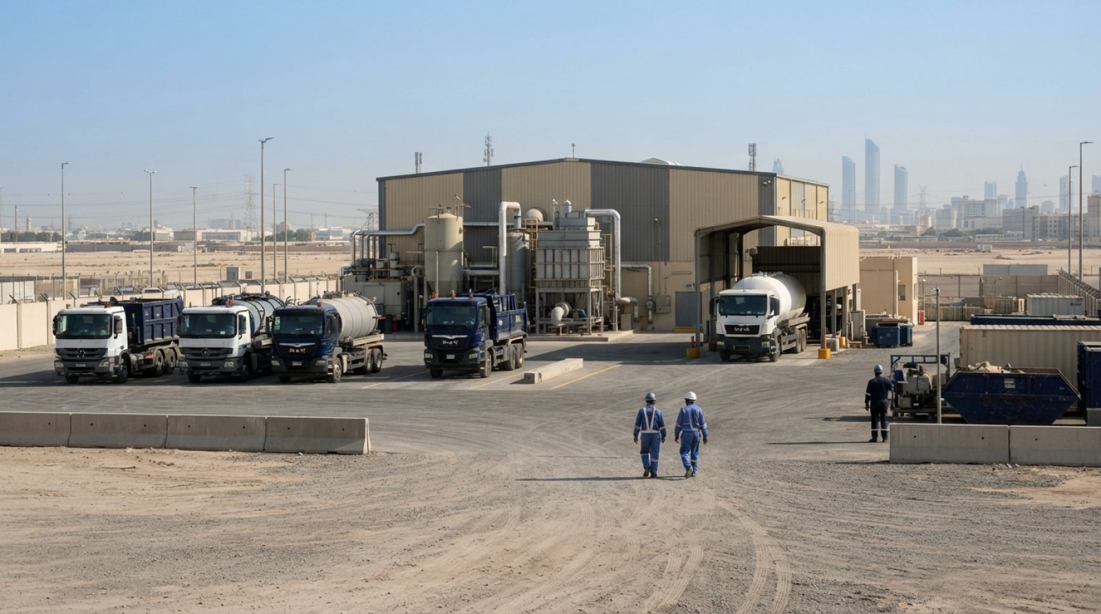 Illustration: An industrial waste management inspection scene in an arid industrial logistics zone in the UAE, showing heavy commercial utility transp