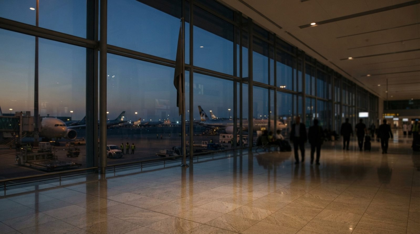 Illustration: A modern airport departure hall concourse in the United Arab Emirates at dusk, showing floor-to-ceiling glass windows overlooking commer