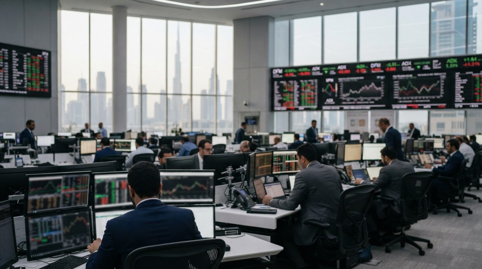 Illustration: Financial trading floor in Dubai showing large electronic market data screens and digital tickers reflecting stock indices, sleek modern