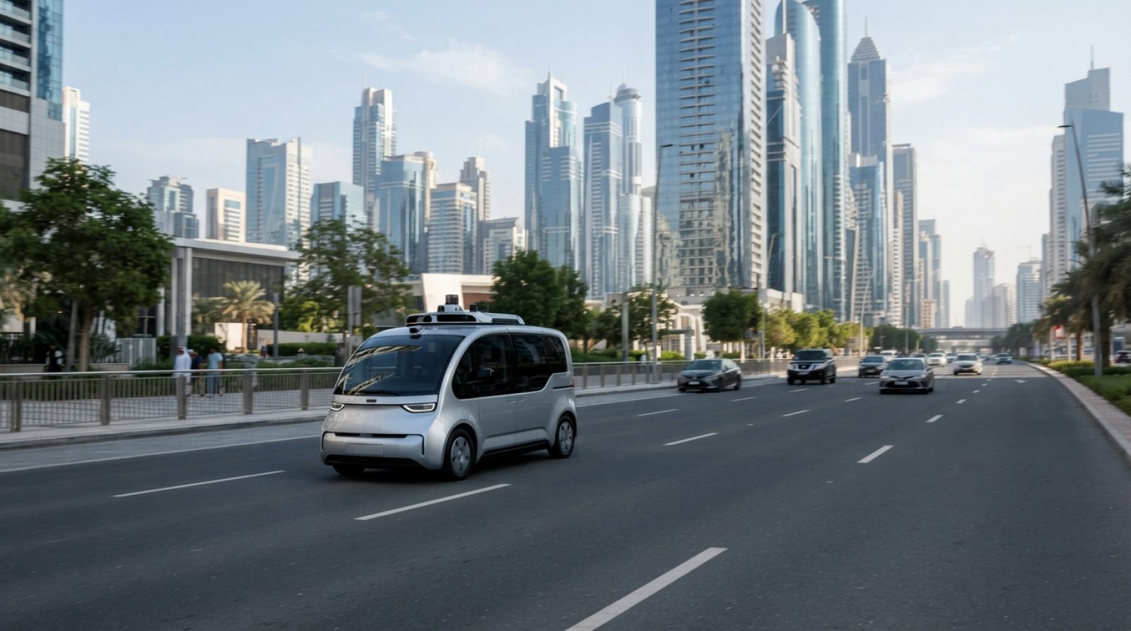 Illustration: A modern autonomous electric vehicle equipped with LiDAR sensors driving smoothly along a wide, sunlit multi-lane modern boulevard in a