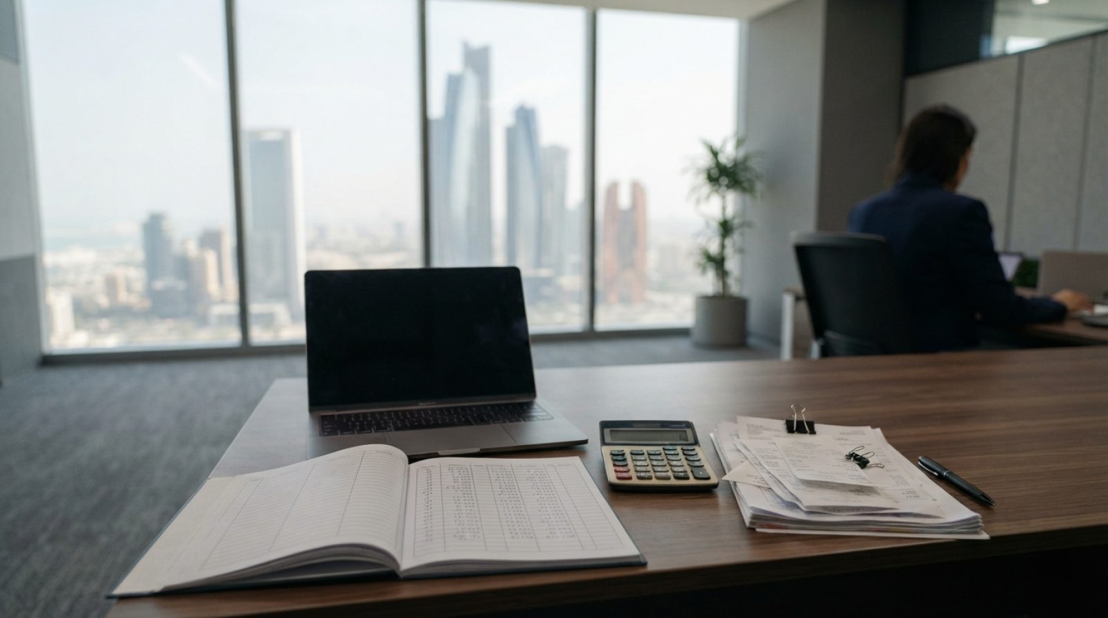 Illustration: A modern corporate office desk in the United Arab Emirates with financial audit spreadsheets, a calculator, and organized expense receip
