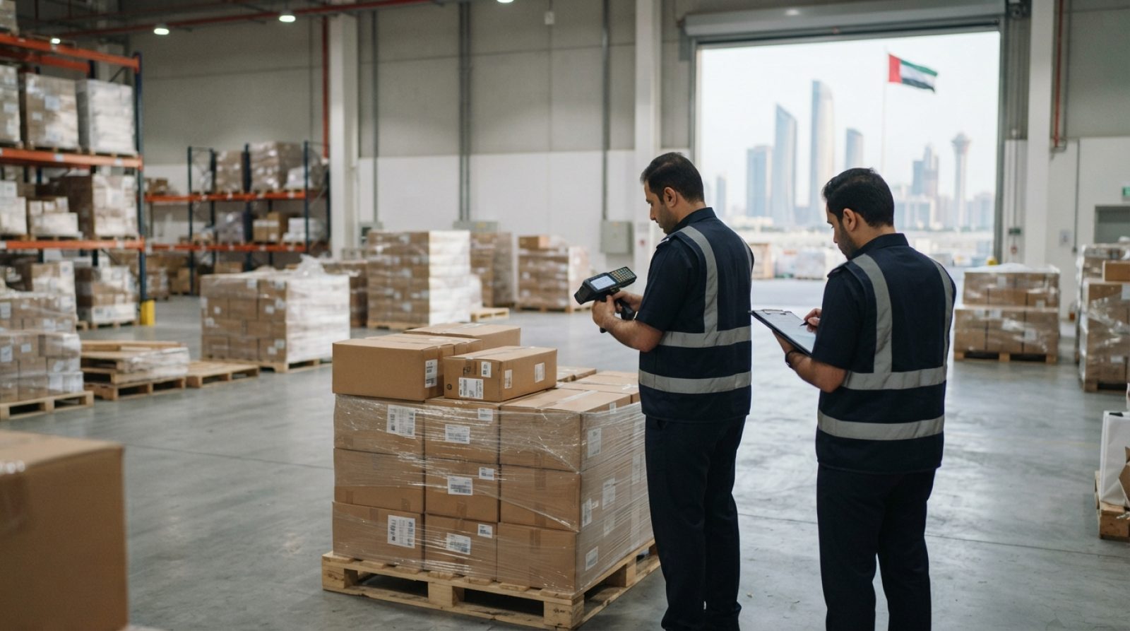 رسم توضيحي: منطقة تفتيش جمركي حديثة في مستودع بدولة الإمارات العربية المتحدة تضم بضائع تجارية معبأة على منصات نقالة يجري فحصها بواسطة أجهزة مسح رقمية محمولة باليد
